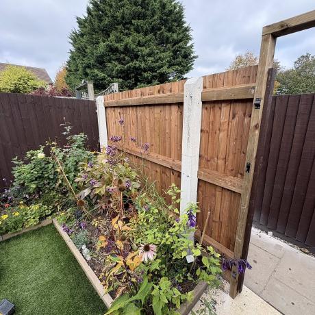 New closeboard timber fence with concrete posts beside a raised flower bed